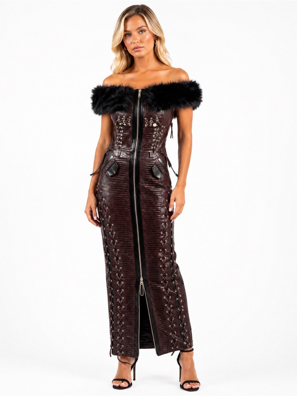 AKIRA Brown Faux Croc Fur Corset Top & Lace Up Maxi Skirt Set NWT - Picture 2 of 8